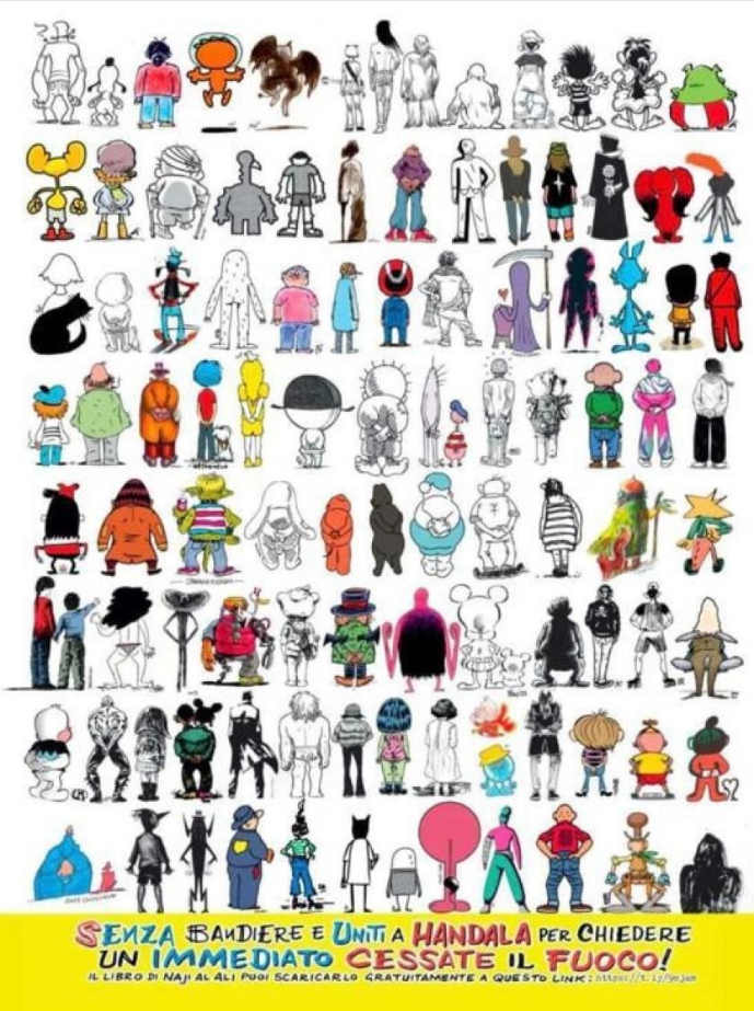 80 شخصية كرتونية إيطالية تدير ظهرها كحنظلة تضامناً مع غزة