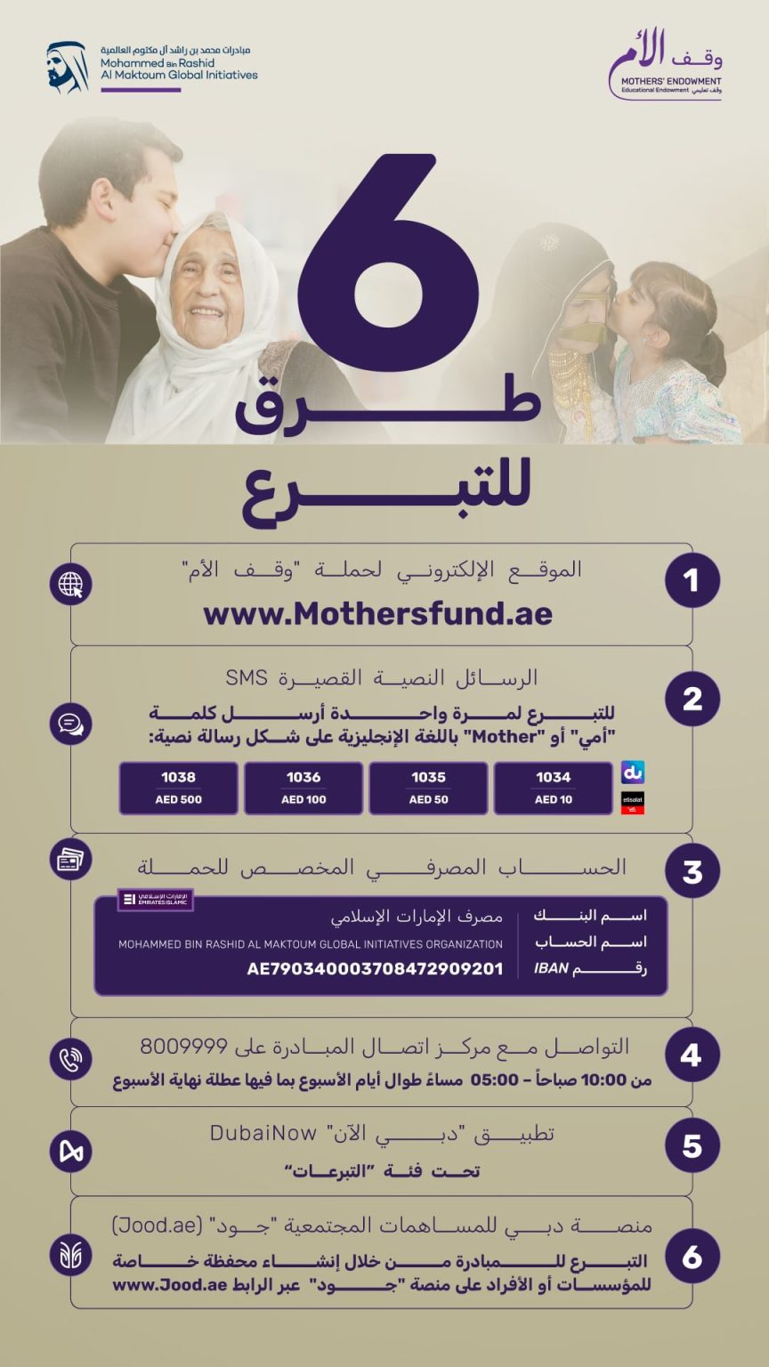 حملة “وقف الأم” تخصص 6 قنوات ميسرة لاستقبال تبرعات الأفراد والمؤسسات