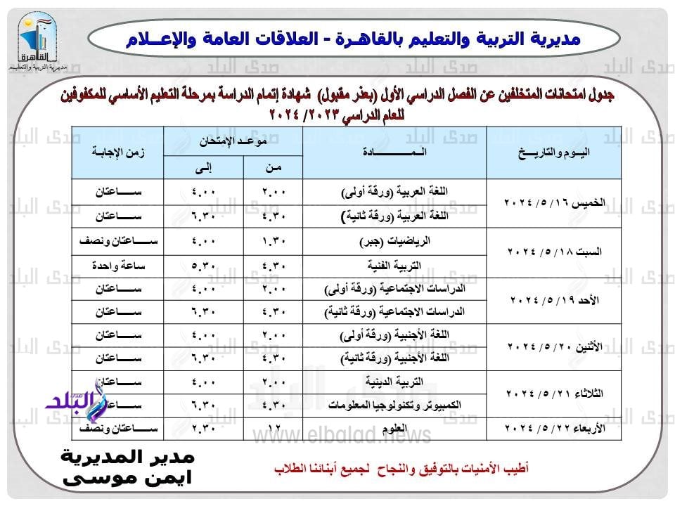 جدول امتحانات الترم الثاني 2024 محافظة القاهرة