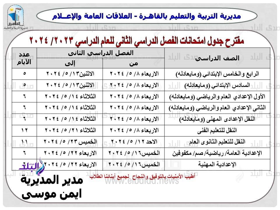 جدول امتحانات الترم الثاني 2024 محافظة القاهرة