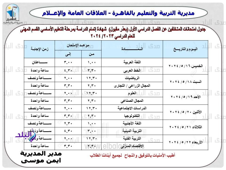 جدول امتحانات الترم الثاني 2024 محافظة القاهرة