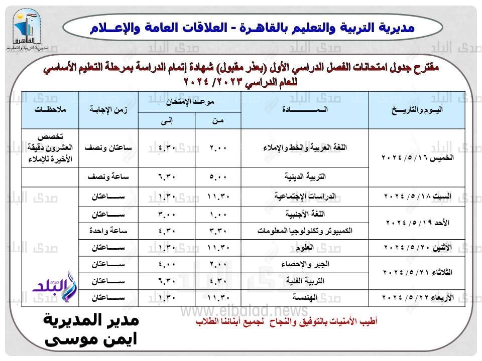 جدول امتحانات الترم الثاني 2024 محافظة القاهرة