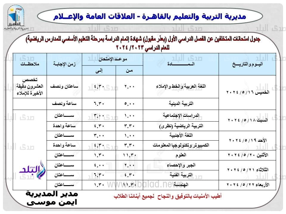 جدول امتحانات الترم الثاني 2024 محافظة القاهرة