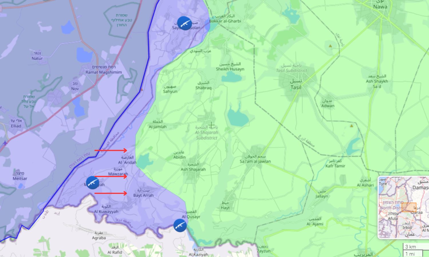 أماكن دخول القوات الإسرائيلية في محافظة درعا جنوبي سوريا (syria liveua map)