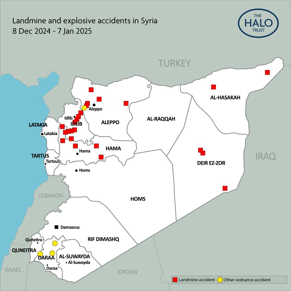 خريطة تظهر أماكن الحوادث الناجمة عن إنفجارات الألغام الأرضية بين 8 كانون الأول 2024 و 7 كانون الثاني الحالي، 7 كانون الثاني (منظمة "ذا هالو ترست").