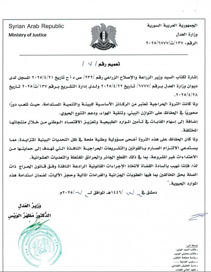 وزير العدل مظهر الويس يصدر قرارا بحق المخالفين لأحكام قانون الحراج