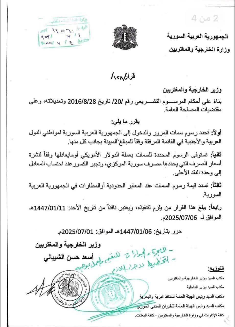 تحديد رسوم سمات دخول الأجانب إلى سوريا - 1 تموز 2025 ()