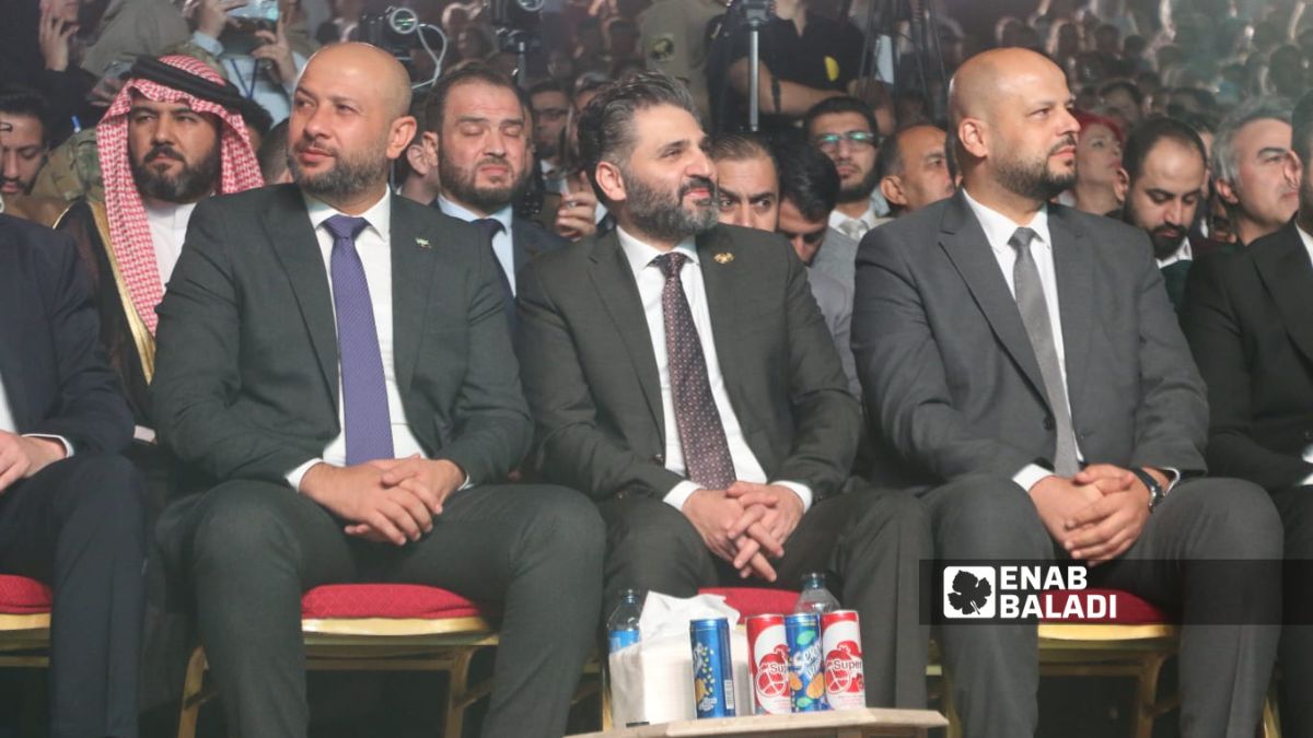 وزير الثقافة محمد ياسين الصالح وإلى جانبه وزير الطوارئ والكوارث رائد الصالح في حفل افتتاح قلعة حلب - 27 أيلول 2025 (/ محمد مصطو)