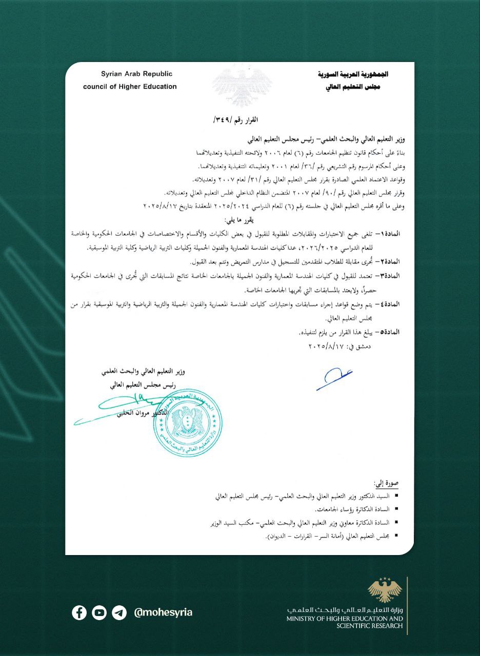 قرار مجلس التعليم العالي رقم (349) بشأن إلغاء اختبارات القبول للعام الدراسي 2025/2026 باستثناء بعض الأقسام.
