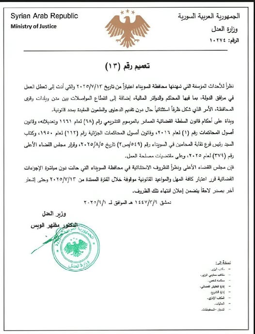 قرار وزارة العدل بإيقاف كافة المهل والمواعيد القانونية في محافظة السويداء