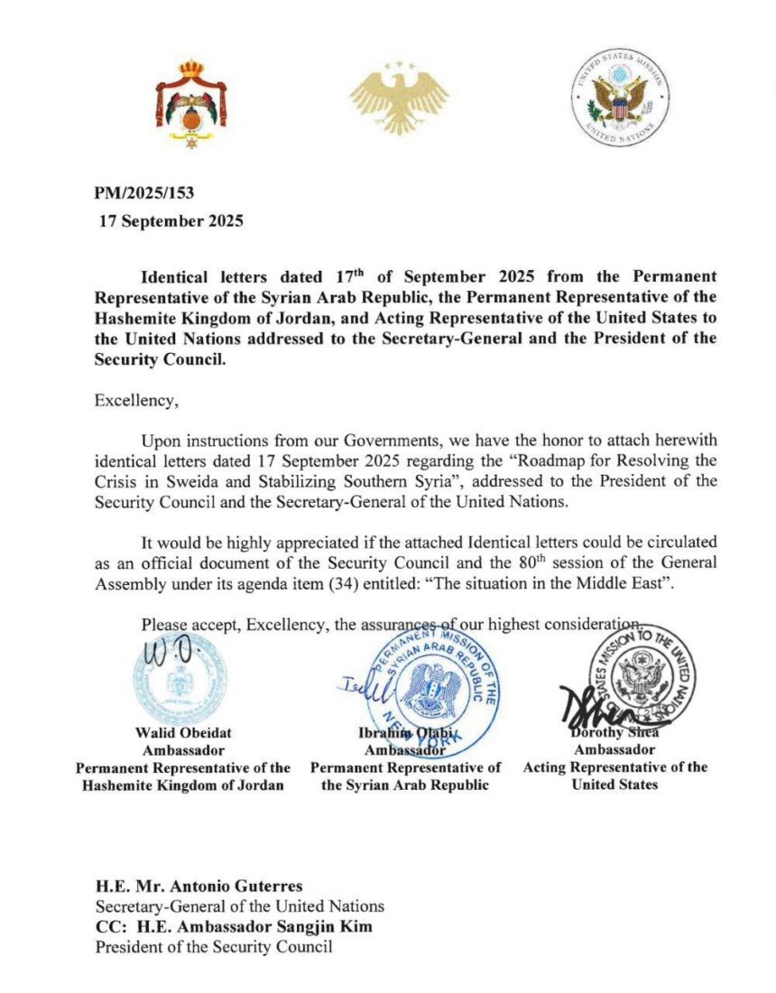 Envoys of Syria, Jordan and USA ask United Nations to adopt Sweida roadmap