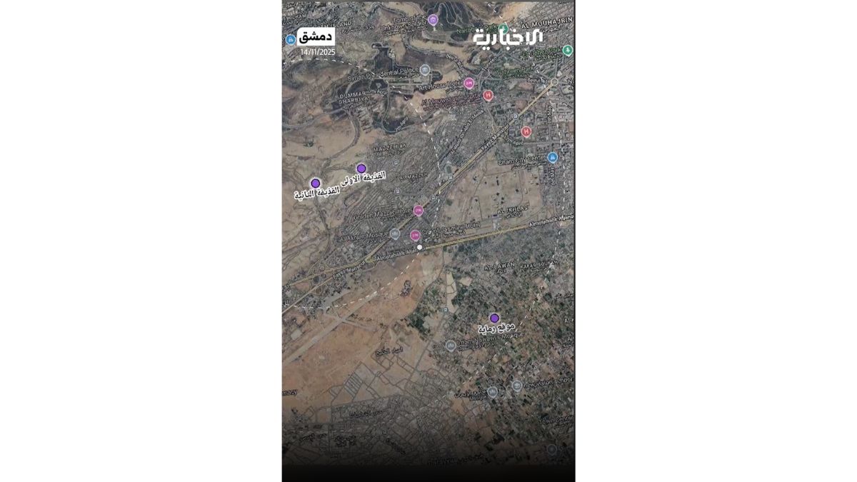 قناة الإخبارية الرسمية تحدد مكان إطلاق وسقوط صاروخي الكاتيوشا الذين استهدفا حي المزة 86 بدمشق والطريق المؤدي إلى قصر الشعب