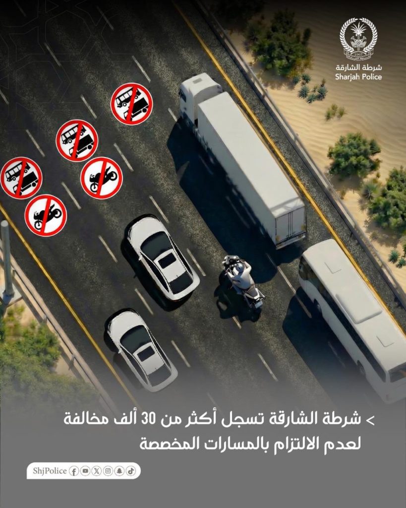 شرطة الشارقة تسجل أكثر من 30 ألف مخالفة لعدم الالتزام بالمسارات المخصصة